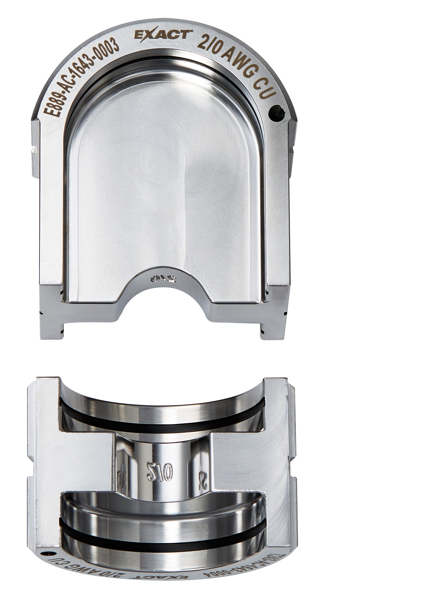 Silver aluminum U-style die with curved interior cavity marked for 2/0 AWG cable, shown from top and side views.
