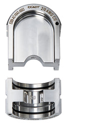 Silver aluminum U-style die with curved interior cavity marked for 2/0 AWG cable, shown from top and side views.