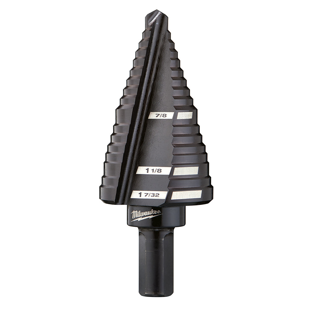 Black Milwaukee step drill bit with graduated flutes and size markings 7/8, 1 1/8, and 1 7/32 inches.