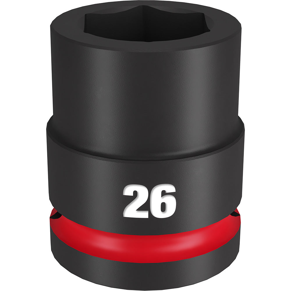 Black 26MM impact socket with 3/4" drive and hexagonal opening, marked with white "26" and red grip band.