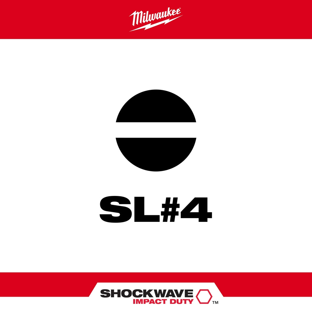 Milwaukee Shockwave slotted power bit with circular head and horizontal slot, labeled SL#4.