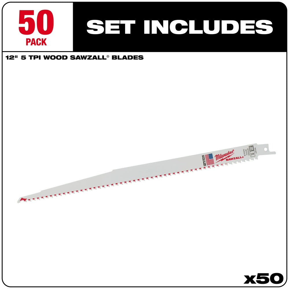 Milwaukee 12 inch 5 TPI reciprocating saw blade with metal mounting end and red cutting teeth.