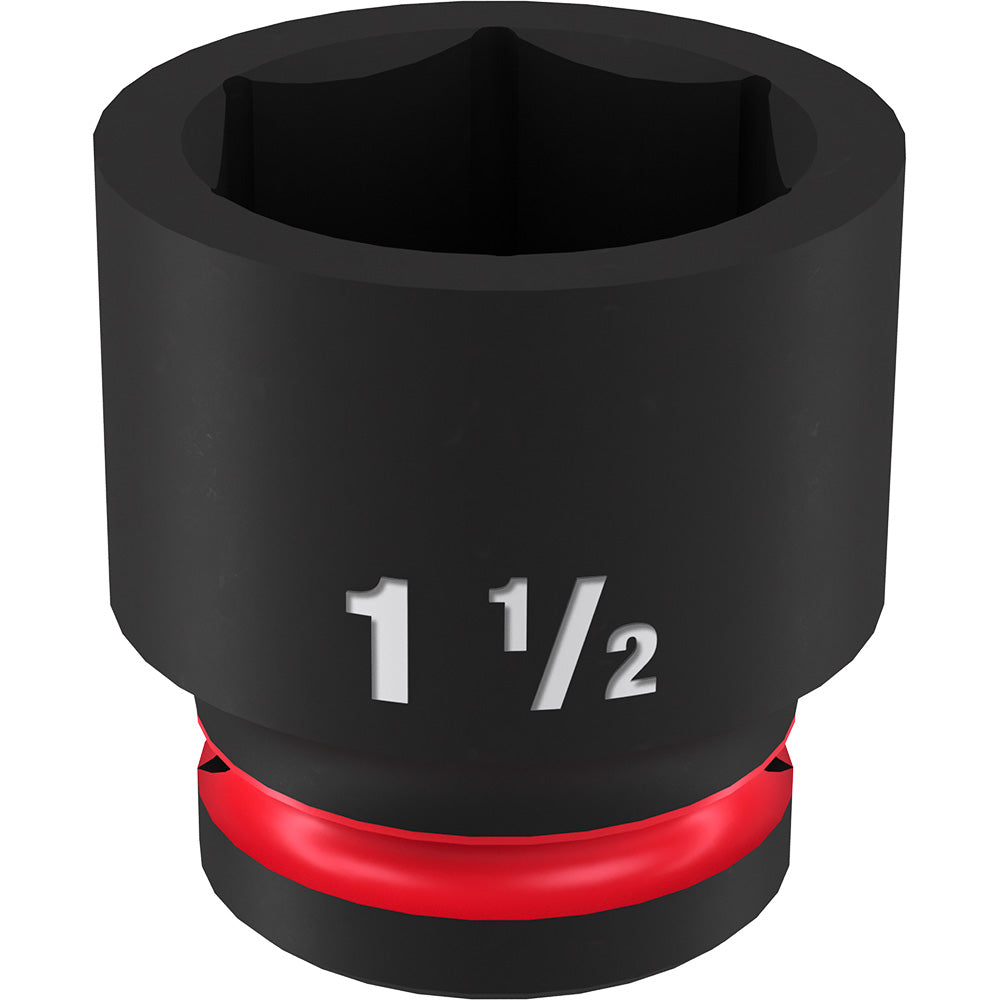 Black 1-1/2" standard 6-point socket with red impact ring and 3/4" drive connection.