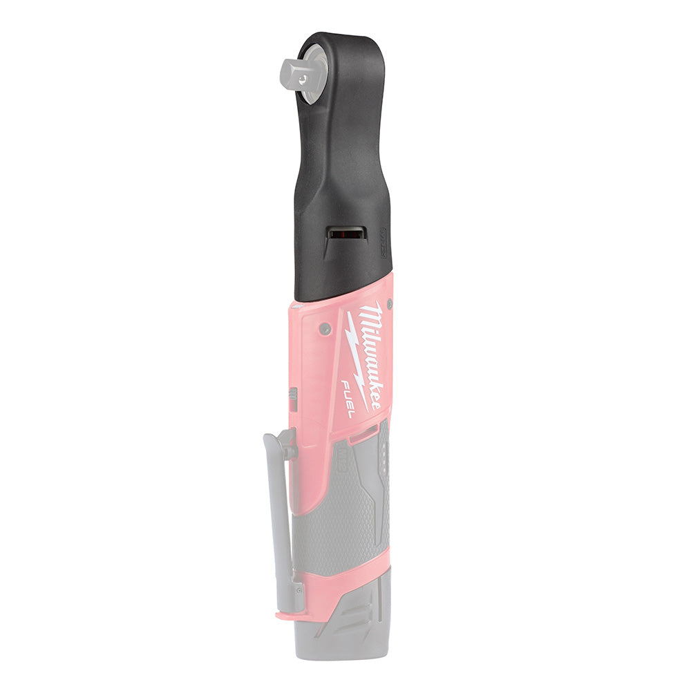 Black rubber protective boot for Milwaukee M12 FUEL 1/2 inch ratchet with attachment hardware.
