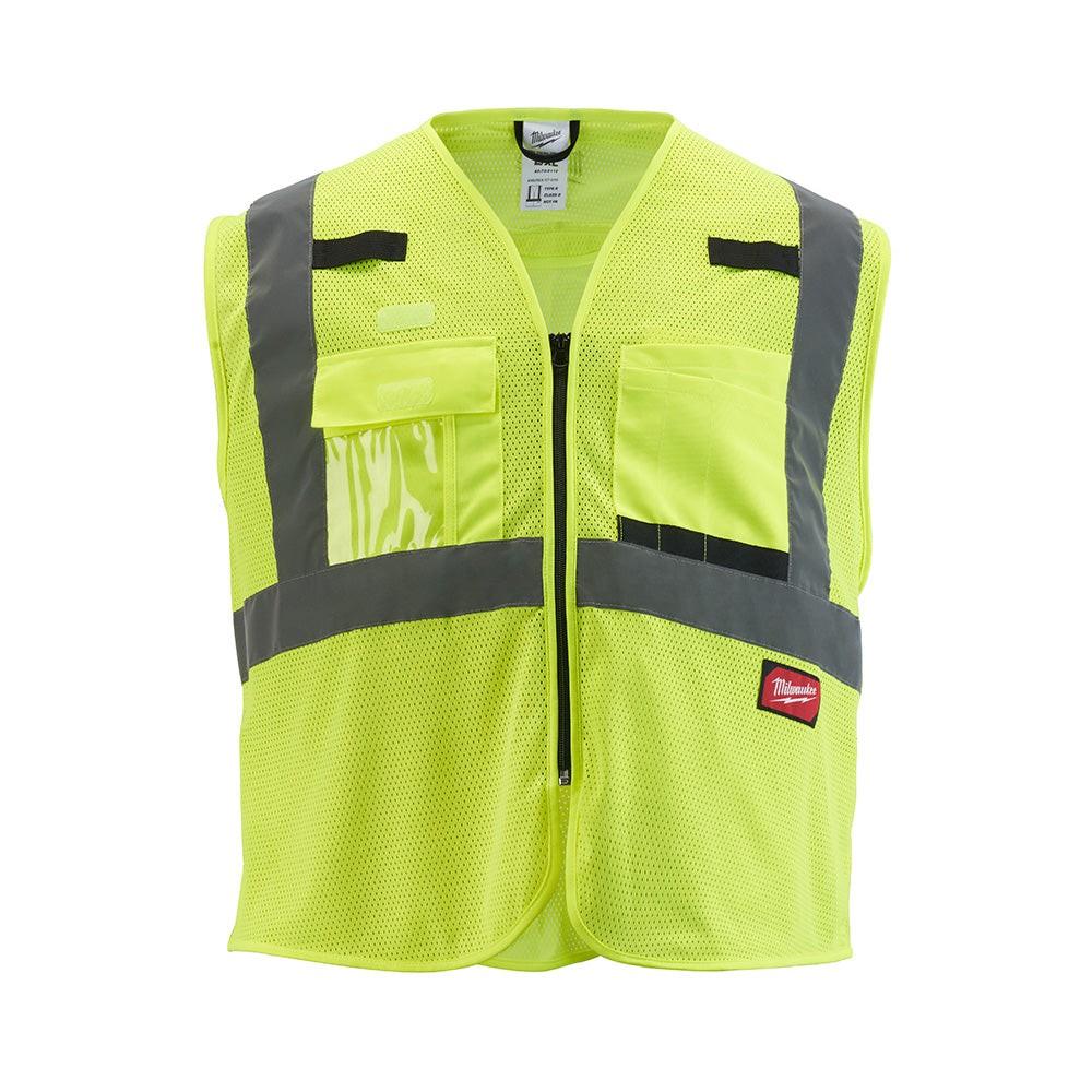 Yellow mesh safety vest with dark gray reflective stripes, front pockets, and zipper closure.