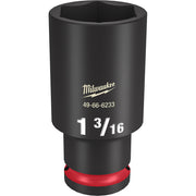 Black Milwaukee deep socket with 6-point opening and red grip ring base, labeled 1 3/16".