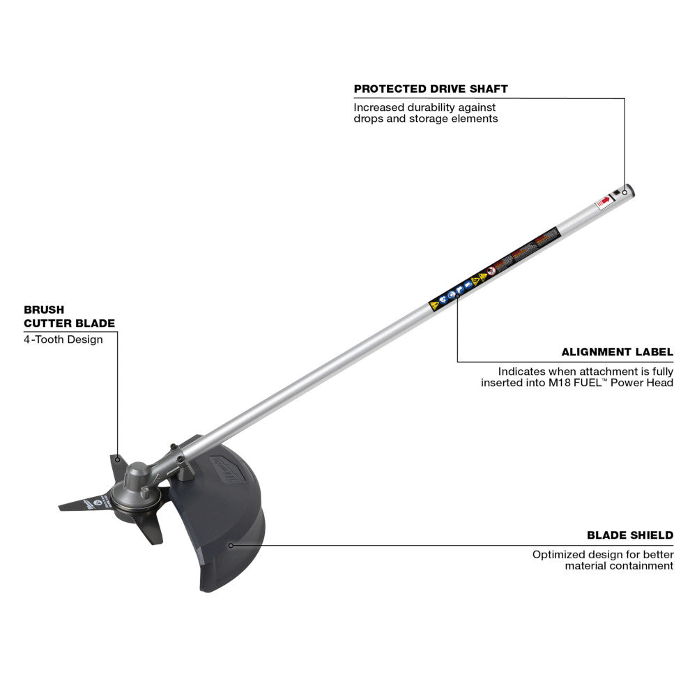 Milwaukee M18 FUEL brush cutter attachment with silver shaft, four-tooth blade, black shield, and protected drive shaft conne