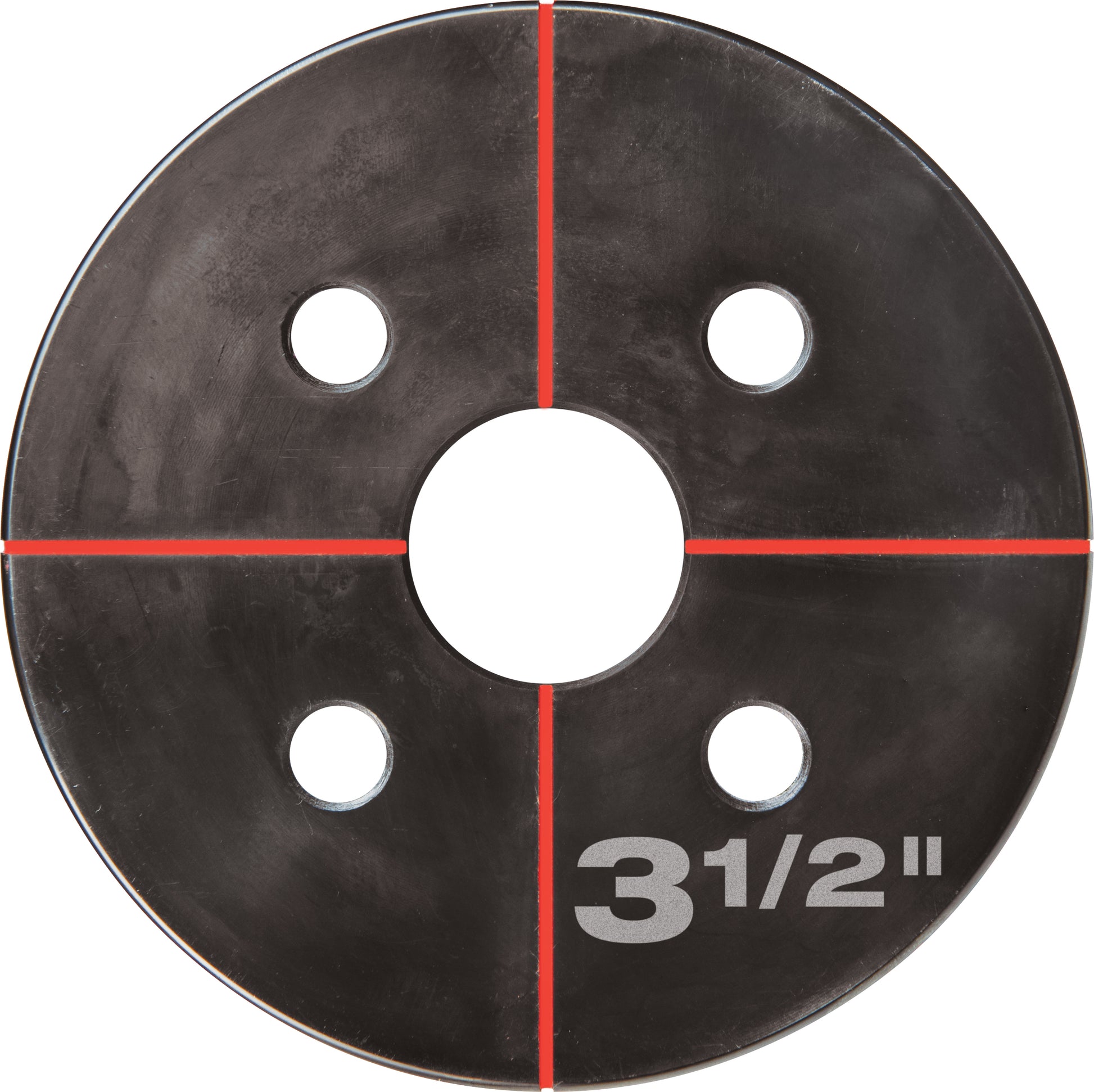 Dark metal knockout die with 3 1/2" center hole and four smaller holes, marked with red crosshair lines.
