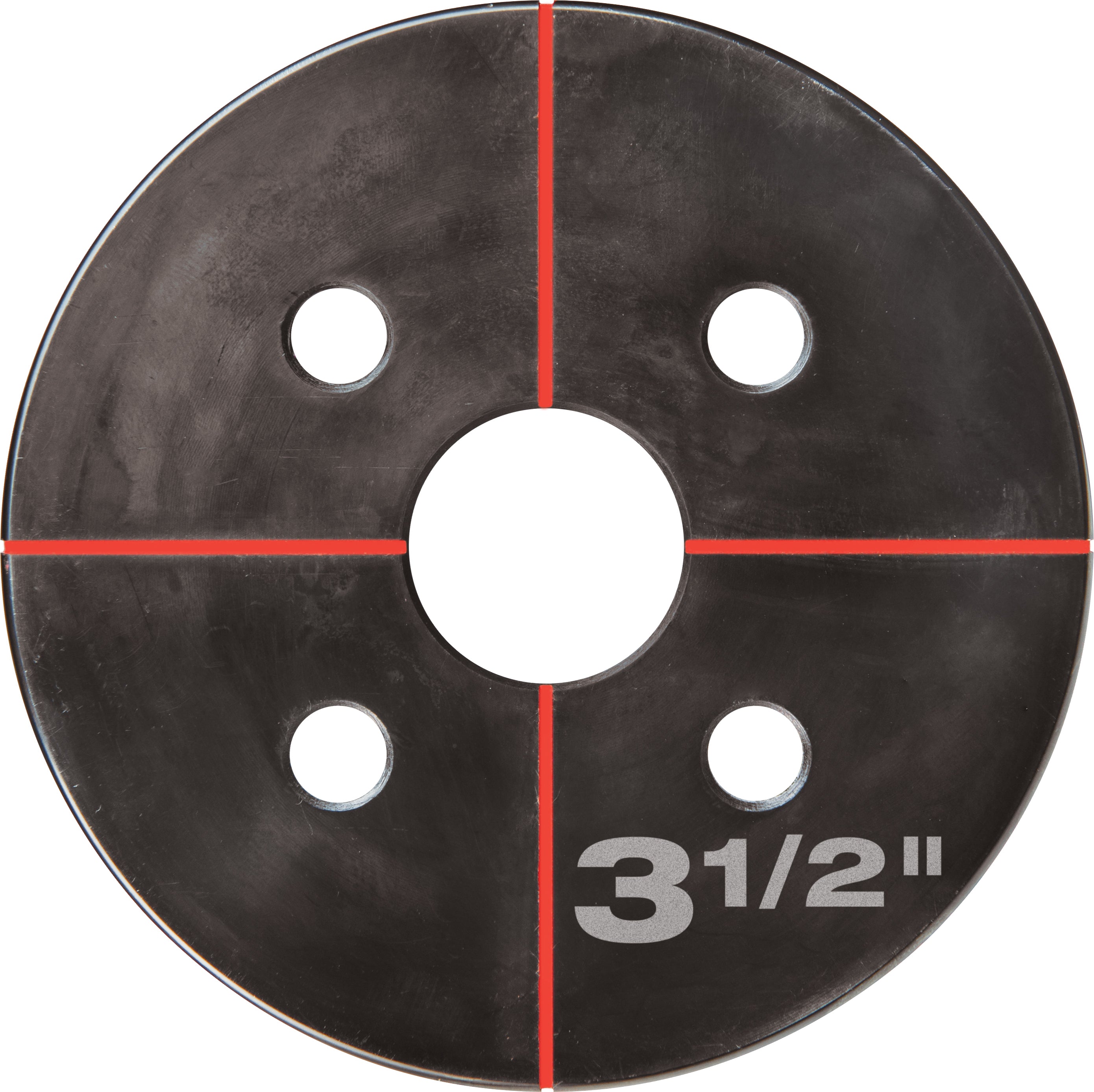 Dark metal knockout die with 3 1/2" center hole and four smaller holes, marked with red crosshair lines.