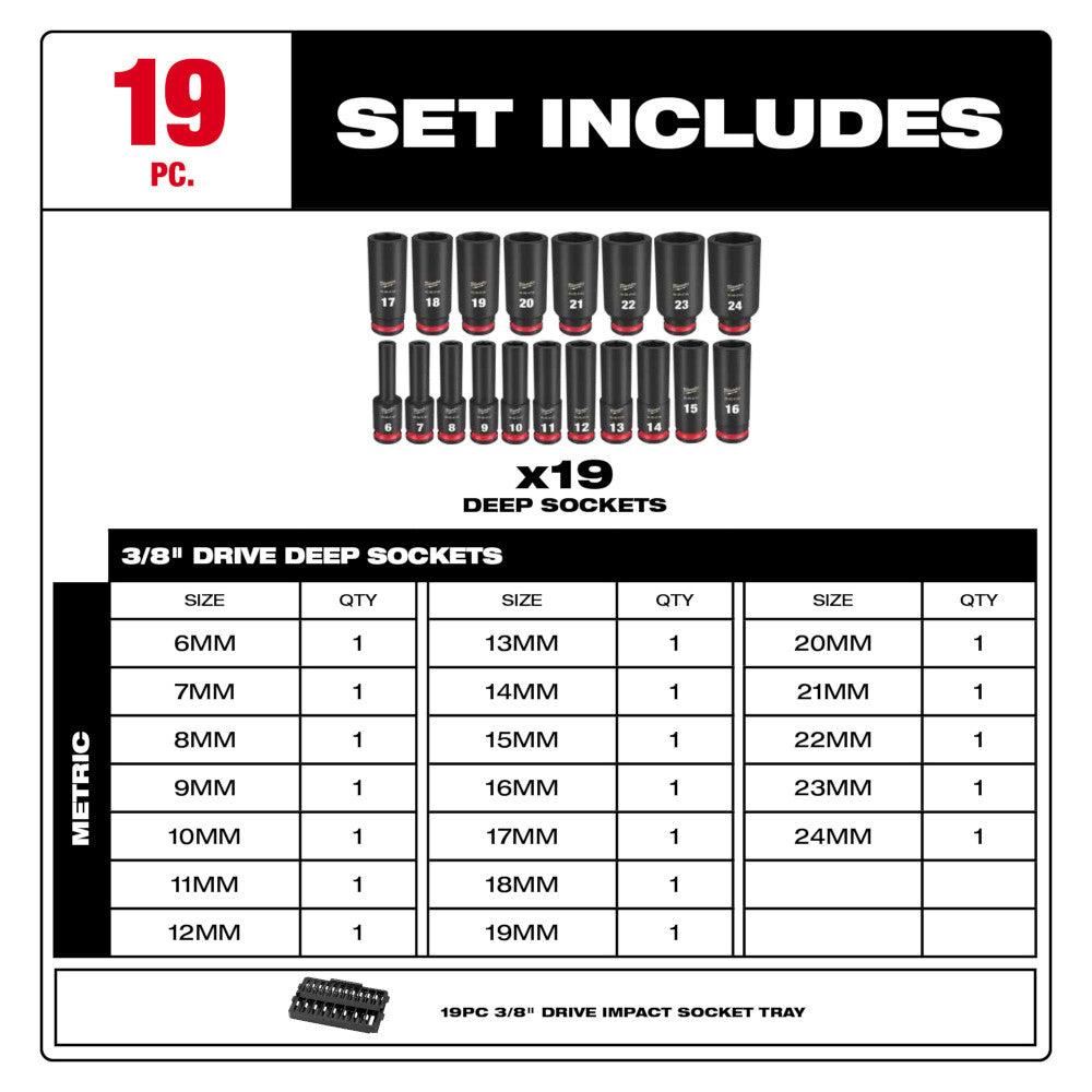 19-piece 3/8" drive metric deep socket set with sizes 6mm to 24mm and black storage tray.