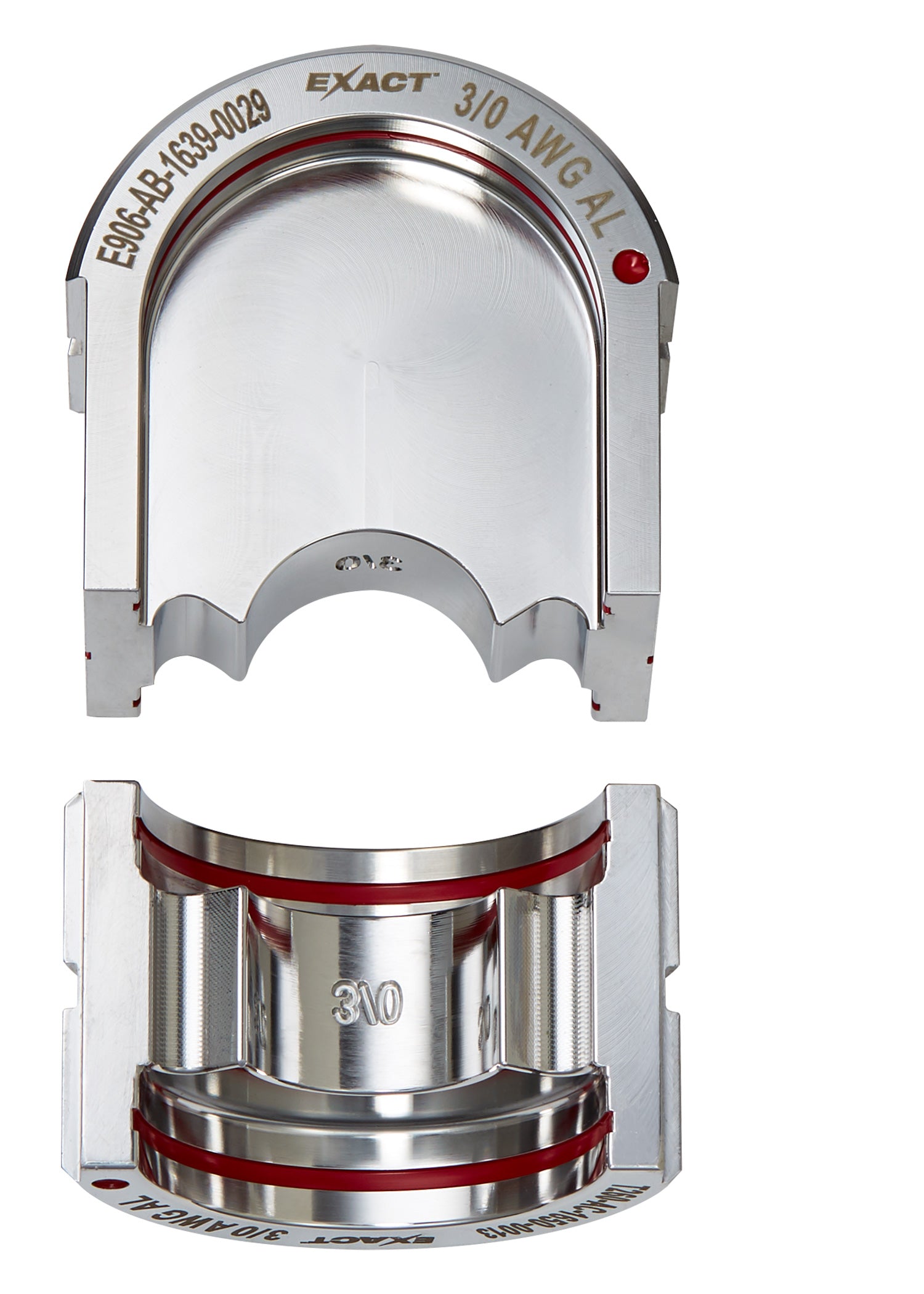 Milwaukee EXACT 3/0 aluminum U-style die with 12T capacity, shown from top and bottom views.