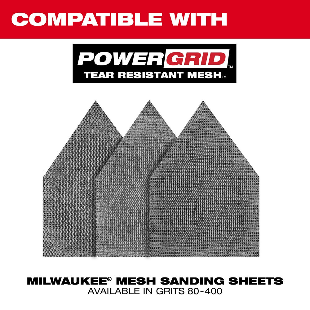 Three gray mesh sanding sheets with pointed edges in varying grit patterns.