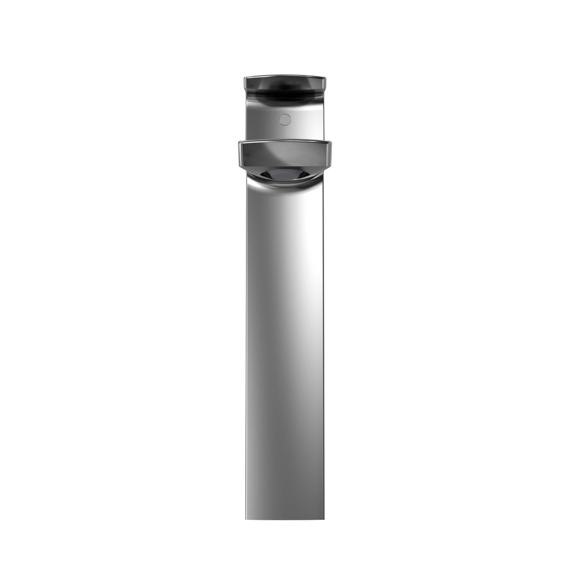 Polished chrome single-handle vessel sink faucet with tall cylindrical spout and black handle band.