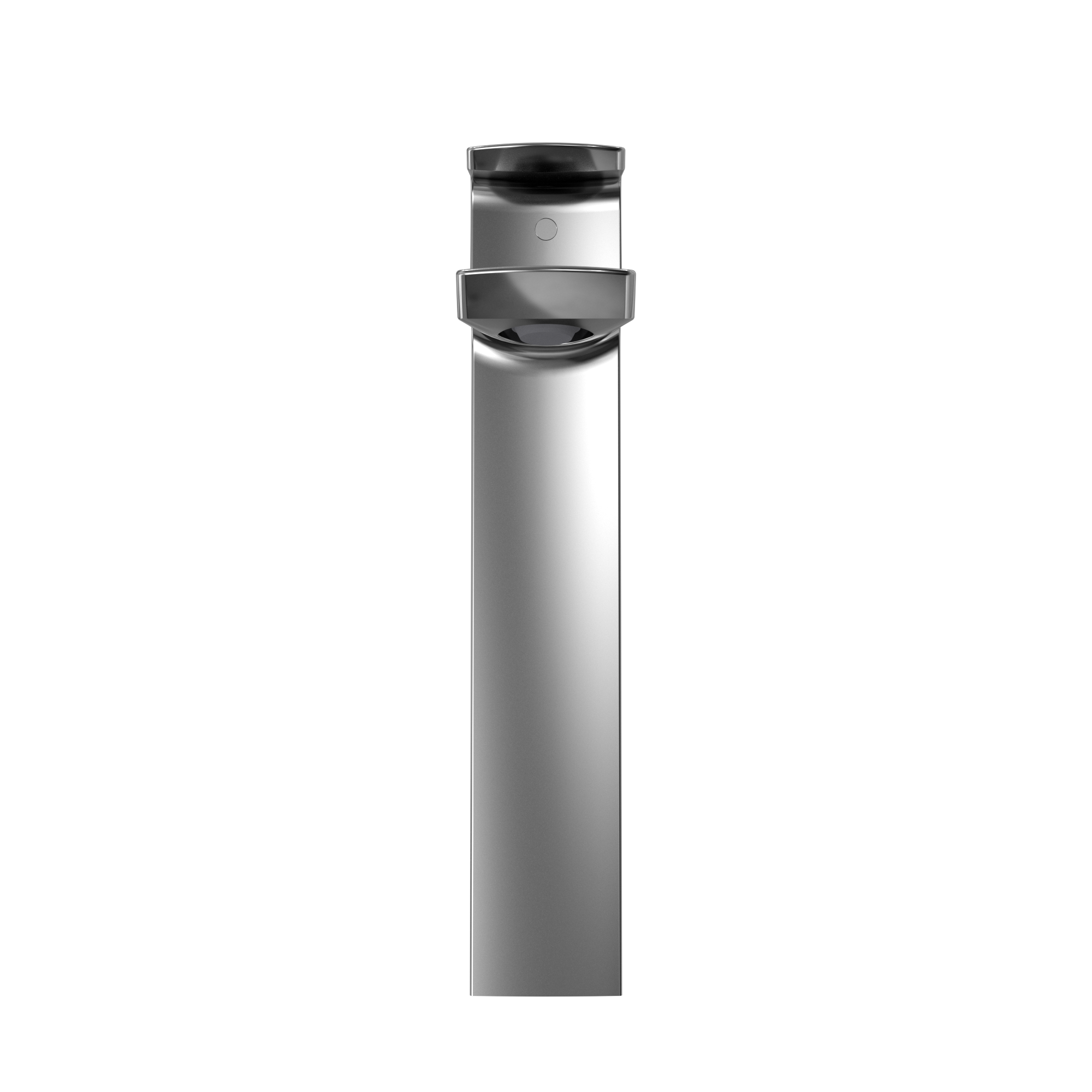 Polished chrome single-handle vessel sink faucet with tall cylindrical spout and black handle band.
