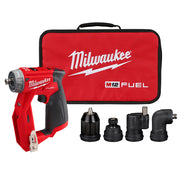 Red Milwaukee M12 FUEL drill/driver with black grip, red carrying case, and four interchangeable chuck attachments.