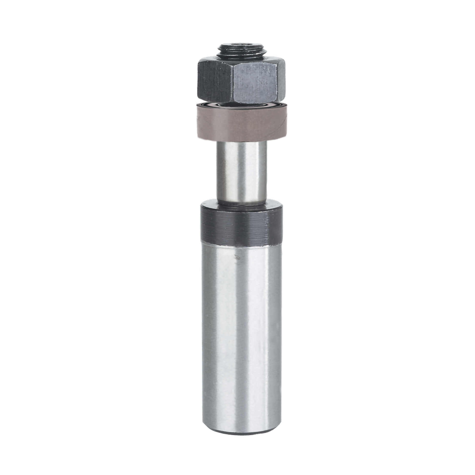 Steel arbor with hexagonal nut top, black spacer rings, and cylindrical shaft for slotting cutter attachment.