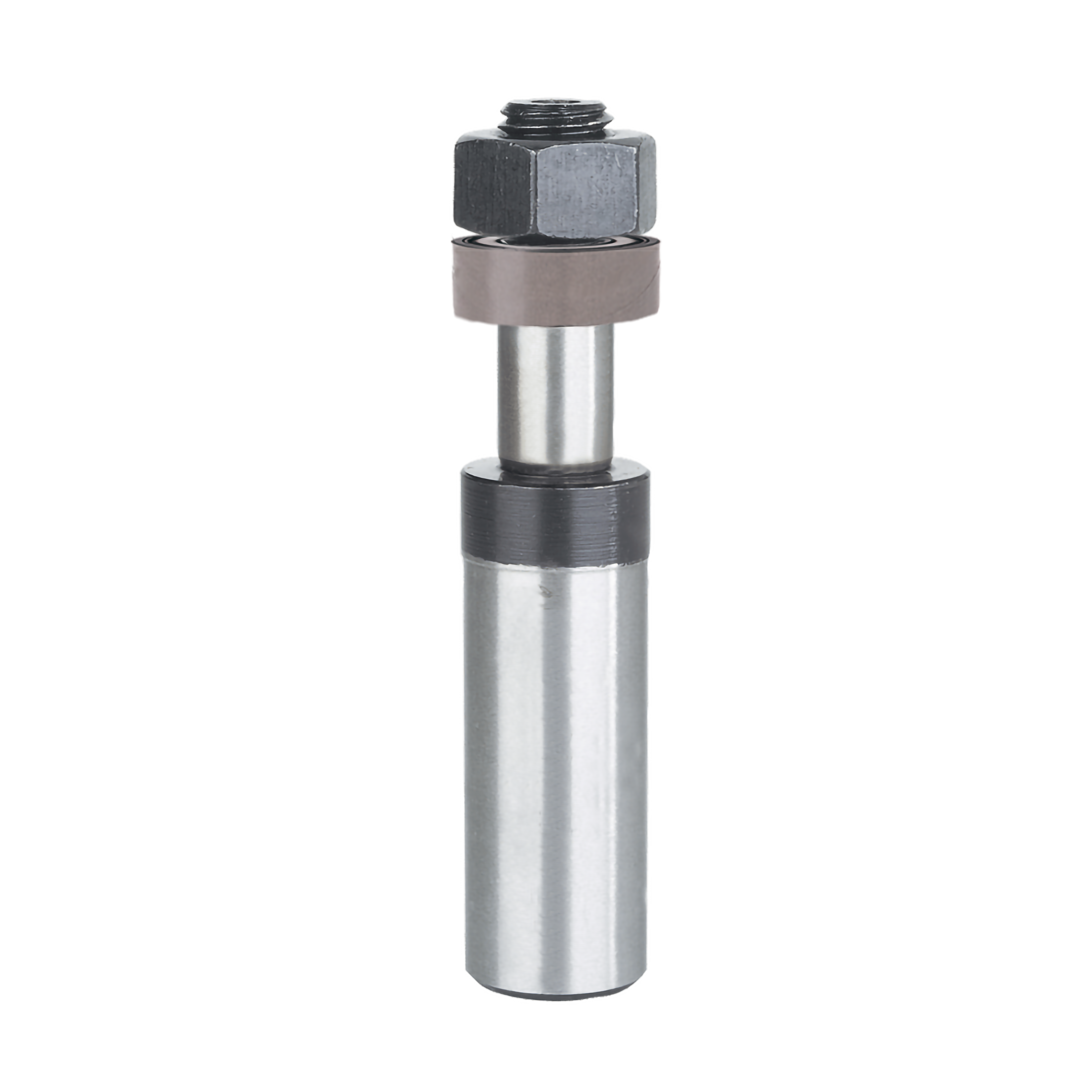 Steel arbor with hexagonal nut top, black spacer rings, and cylindrical shaft for slotting cutter attachment.
