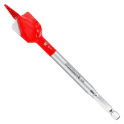 Red and silver spade bit with serrated cutting edge and hex shank for drilling through nail-embedded wood.