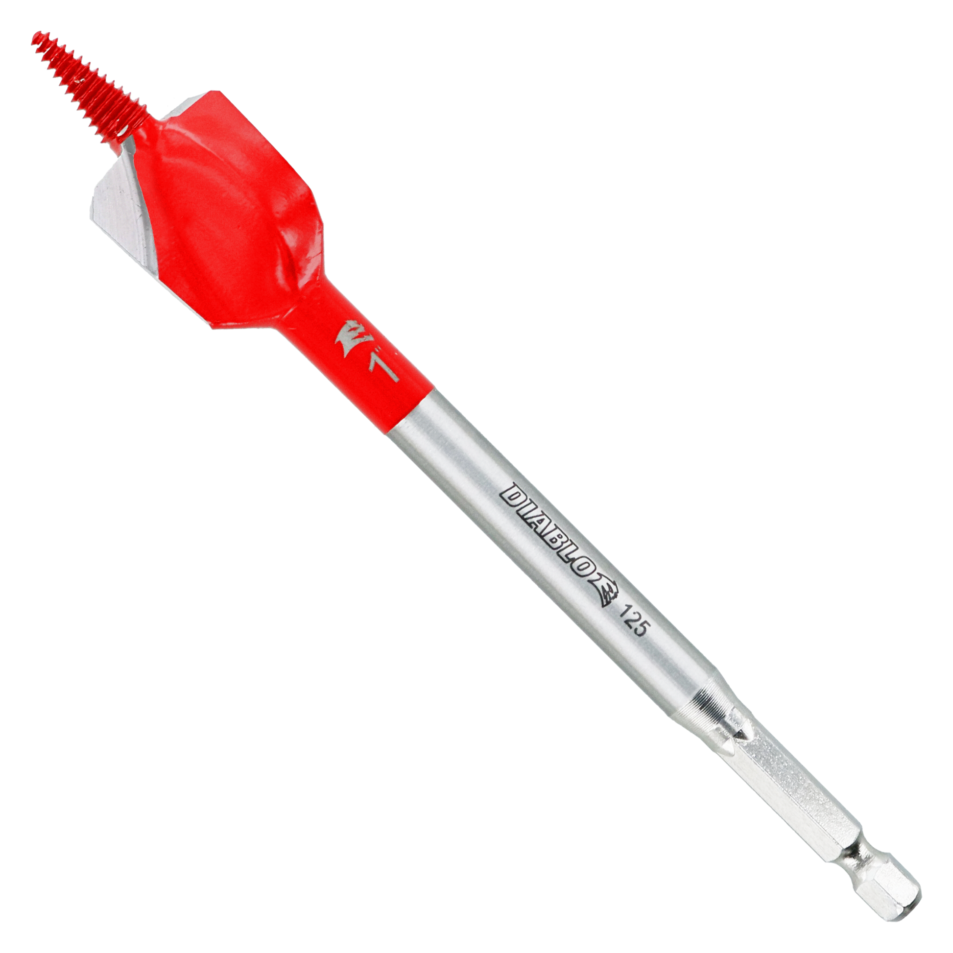 Red and silver spade bit with serrated cutting edge and hex shank for drilling through nail-embedded wood.