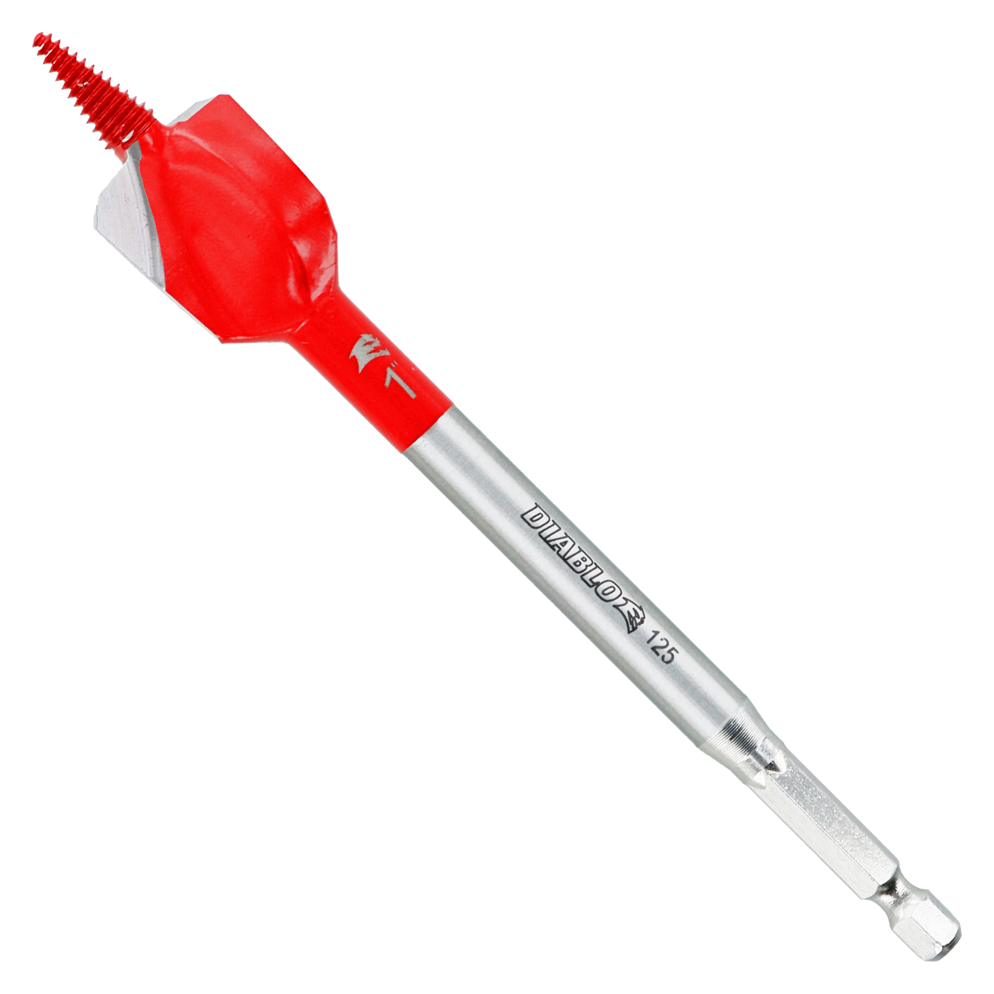 Red and silver spade bit with serrated cutting edge and hex shank for drilling through nail-embedded wood.