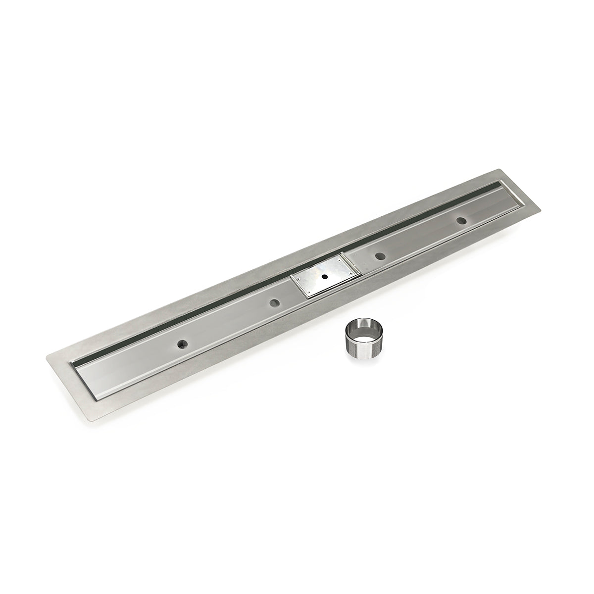 Stainless steel linear drain channel with central grate and metal connector sleeve.