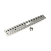 Stainless steel linear drain channel with central grate outlet and threaded adapter collar.