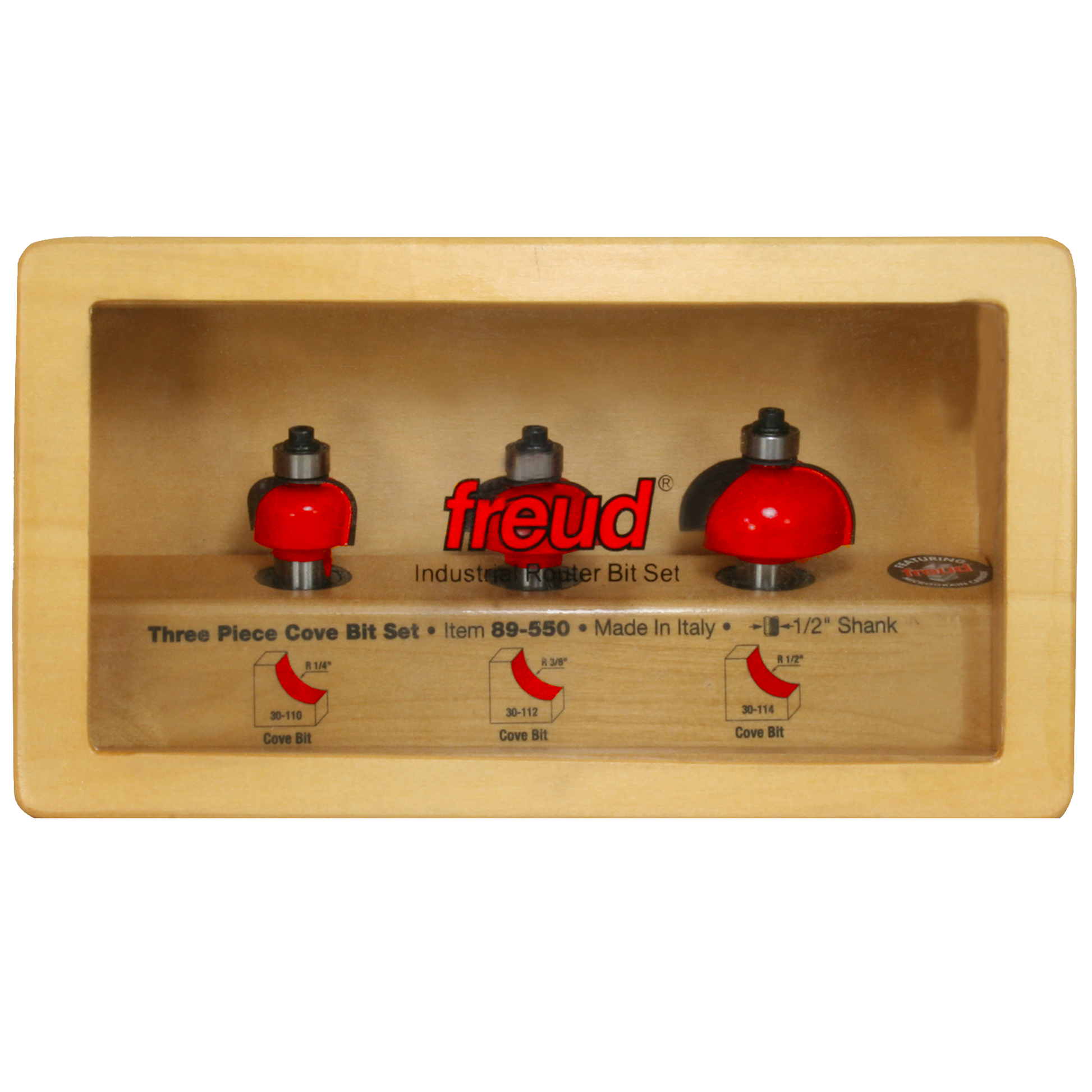 Three red cove router bits with black shanks in a wooden storage case with specifications and item number 89-550.