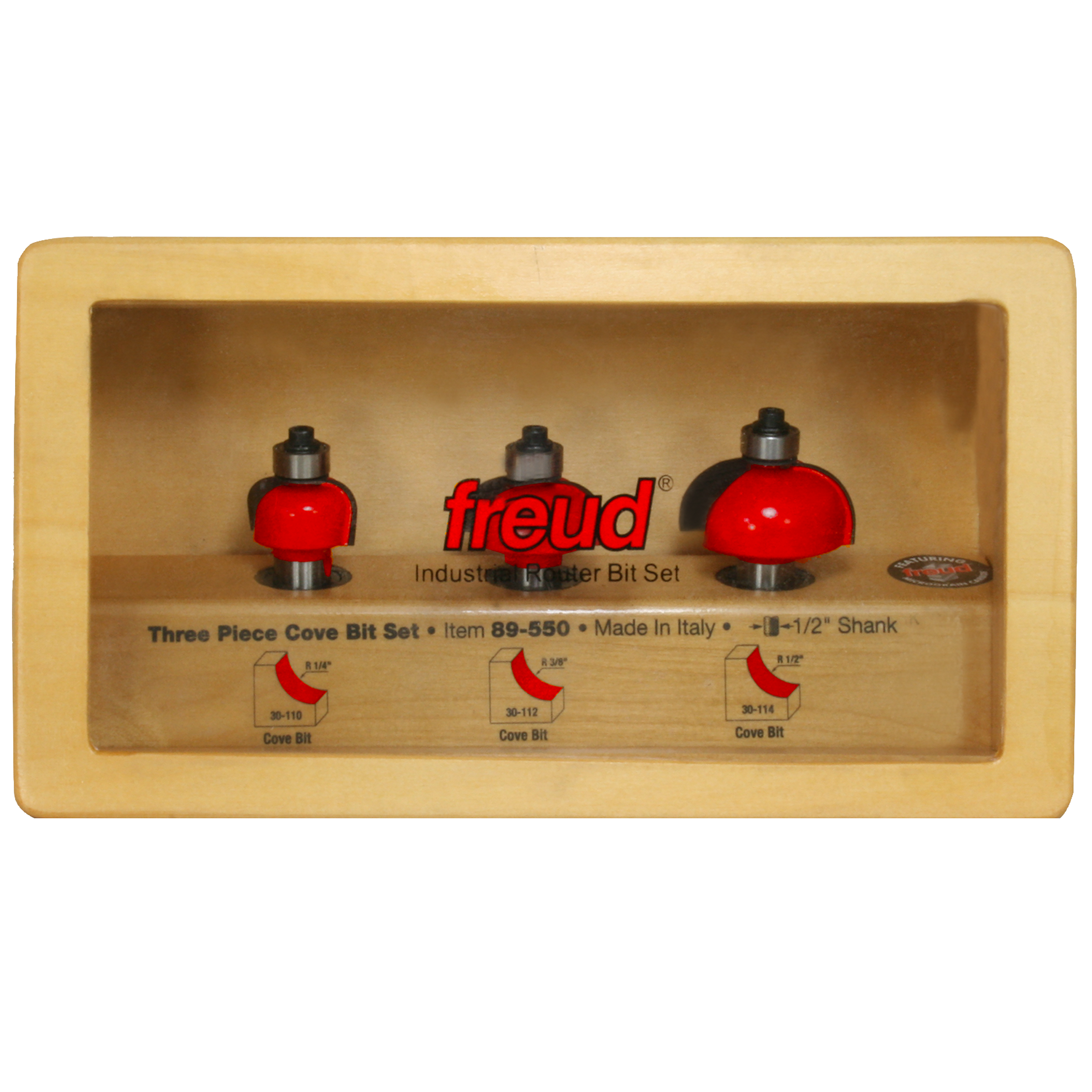 Three red cove router bits with black shanks in a wooden storage case with specifications and item number 89-550.