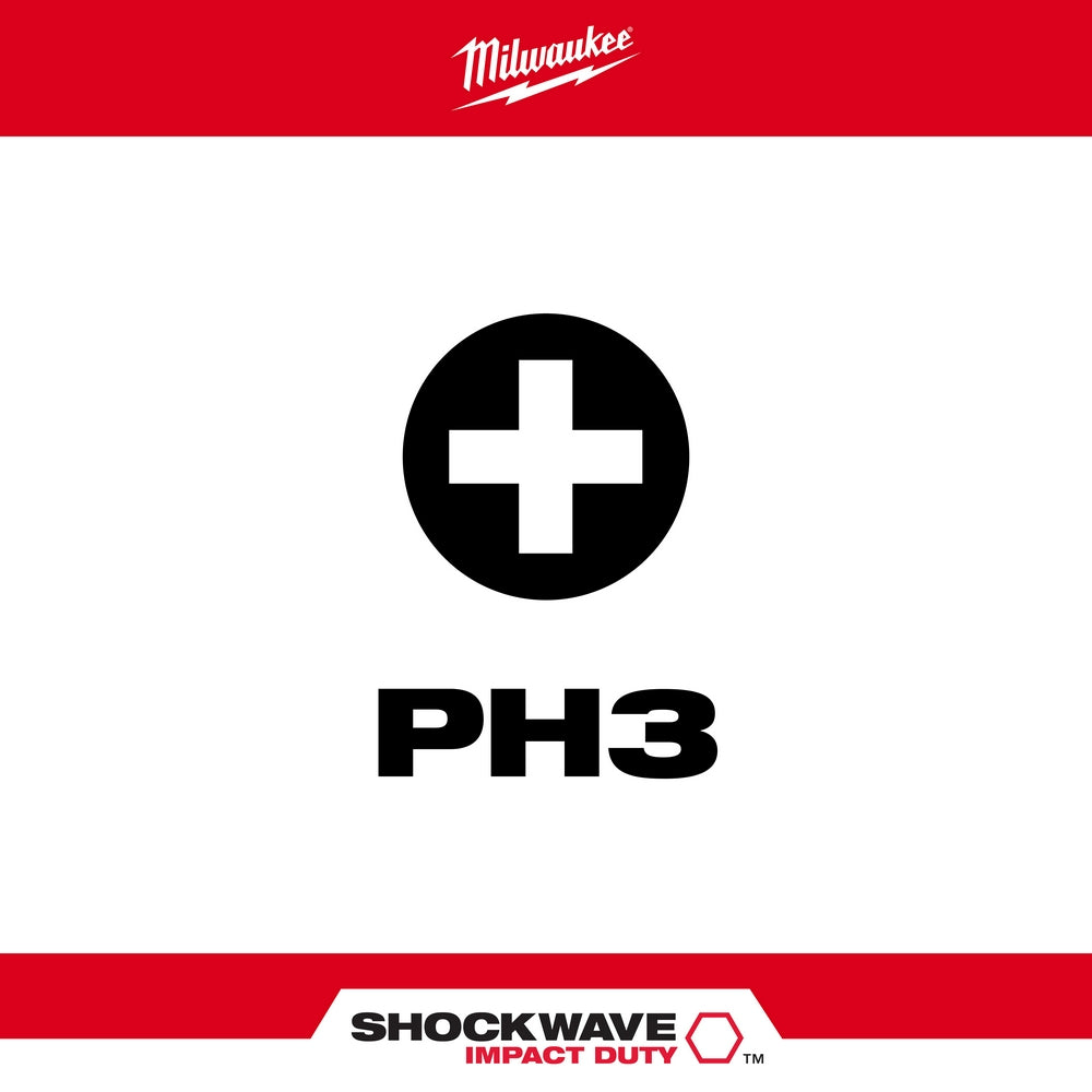 Milwaukee Shockwave PH3 impact driver bit with Phillips head symbol and black circular icon on white background.