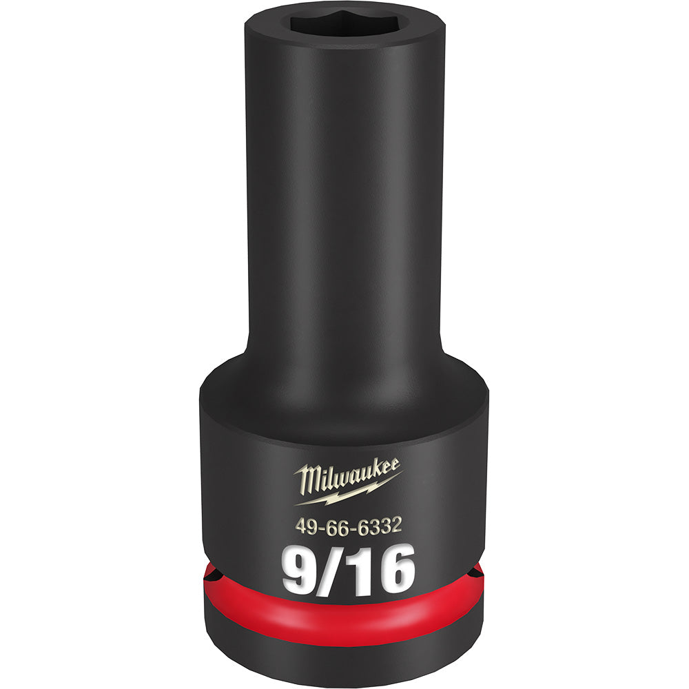 Black Milwaukee Shockwave Impact socket with red band, 9/16" size marking, and hexagonal opening on top.