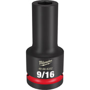 Black Milwaukee Shockwave Impact socket with red band, 9/16" size marking, and hexagonal opening on top.