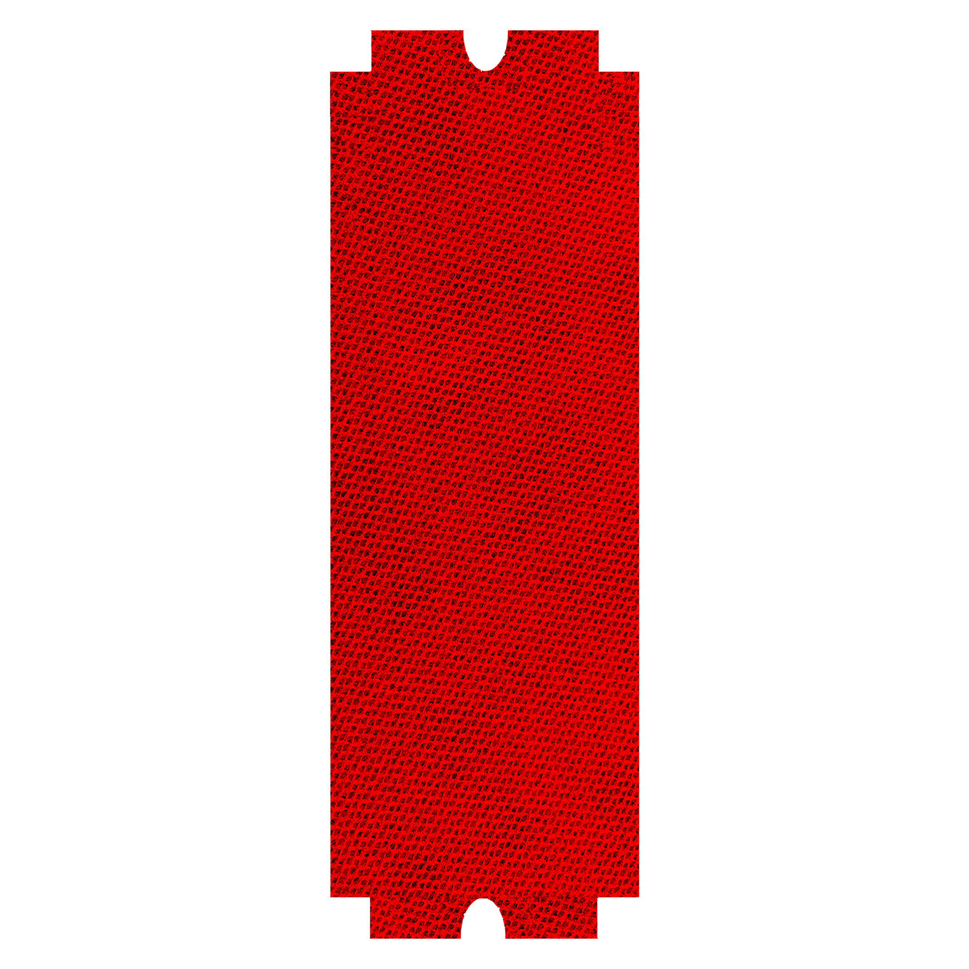 Red rectangular sanding sheet with notched edges and perforated abrasive surface.