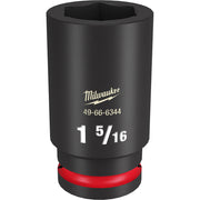Black Milwaukee socket with red grip band, hexagonal opening, and 1 5/16" size marking on cylindrical body.