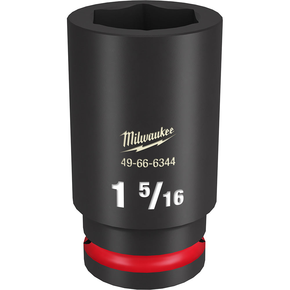 Black Milwaukee socket with red grip band, hexagonal opening, and 1 5/16" size marking on cylindrical body.