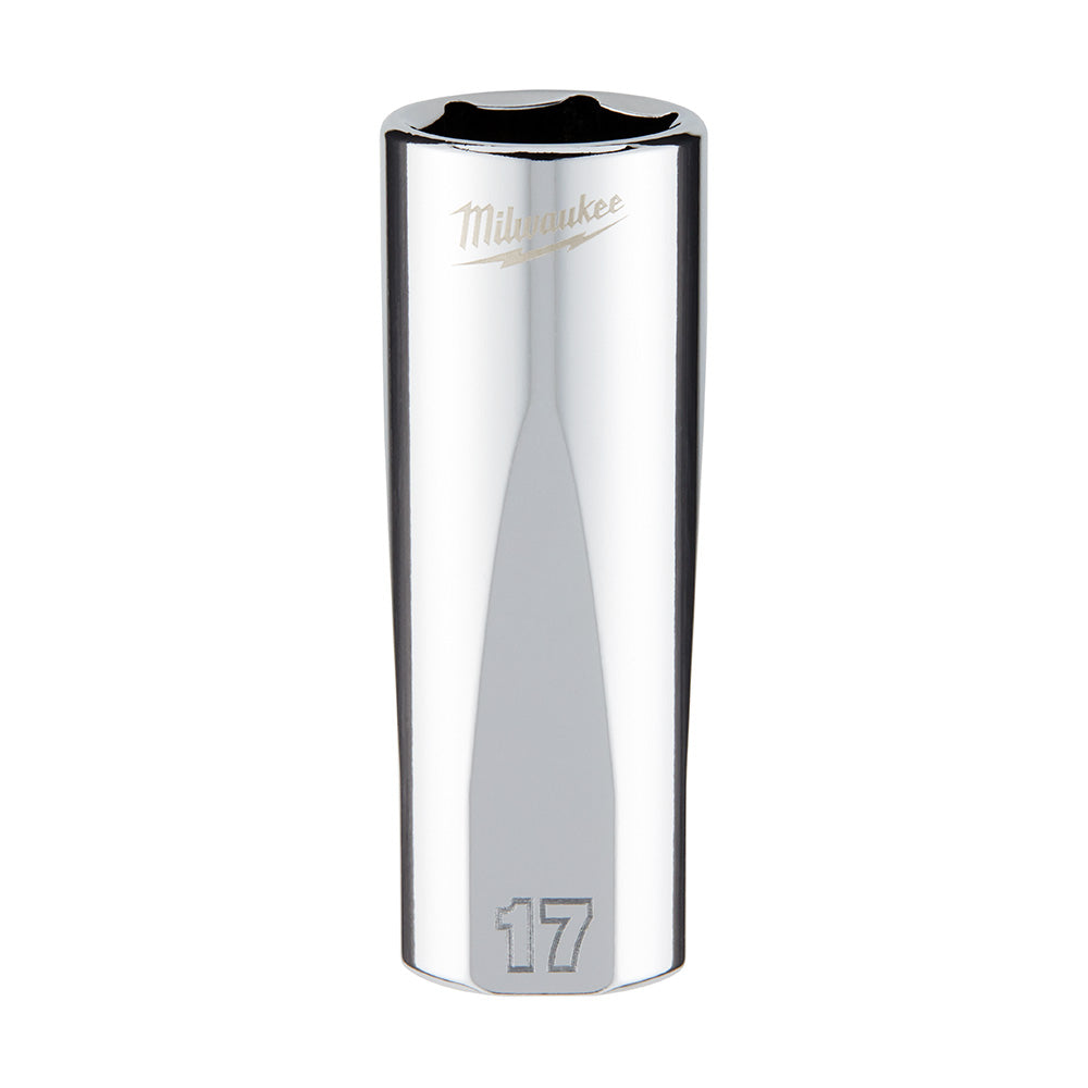 Polished chrome deep socket with Milwaukee logo and "17" marking on hexagonal base.