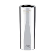 Polished chrome deep socket with Milwaukee logo and "17" marking on hexagonal base.
