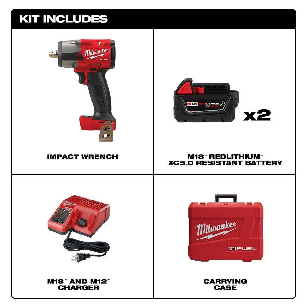 Milwaukee M18 FUEL 1/2" mid-torque impact wrench in red and black with two batteries, charger, and red carrying case.