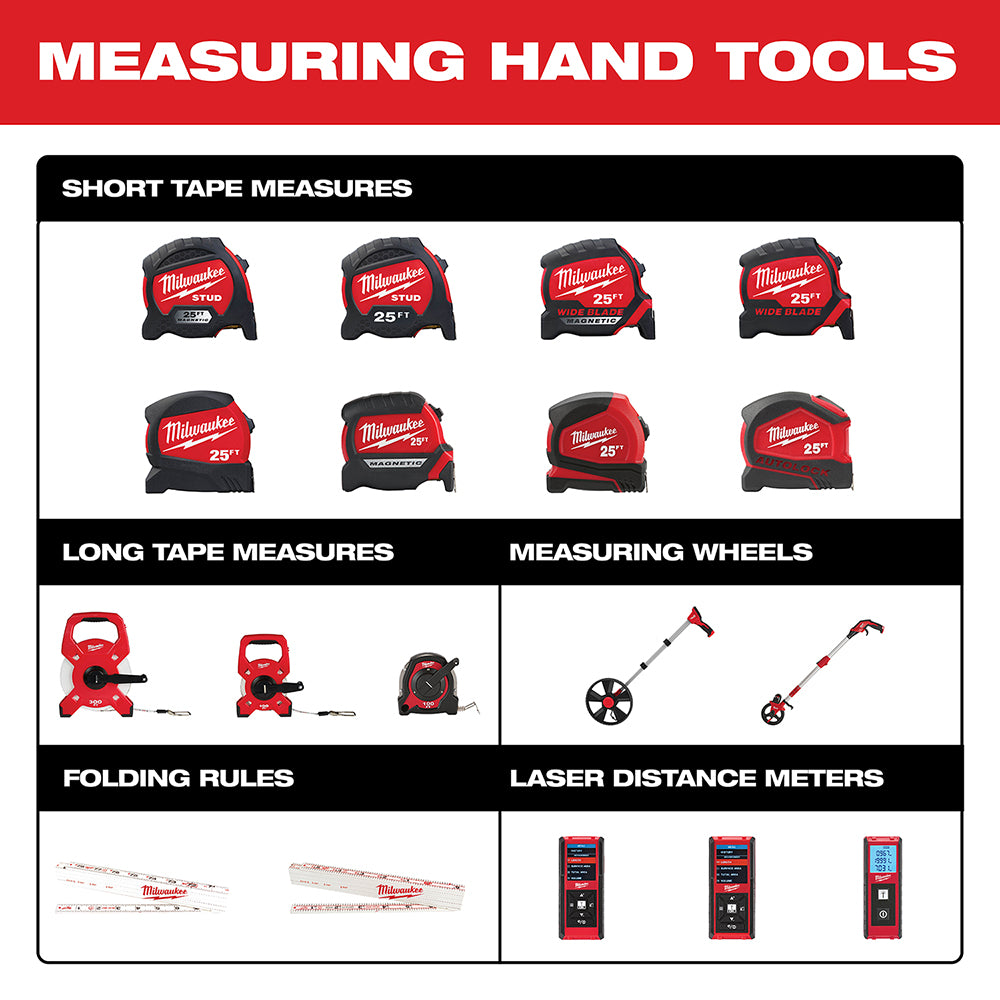 Red and black open reel measuring tape on stand with 300 ft capacity.