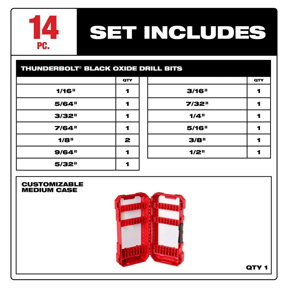 14-piece THUNDERBOLT black oxide drill bit set with sizes ranging from 1/16" to 1/2" and red customizable medium storage case