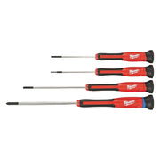 Four precision screwdrivers with red and black handles and metal shafts in varying tip sizes.