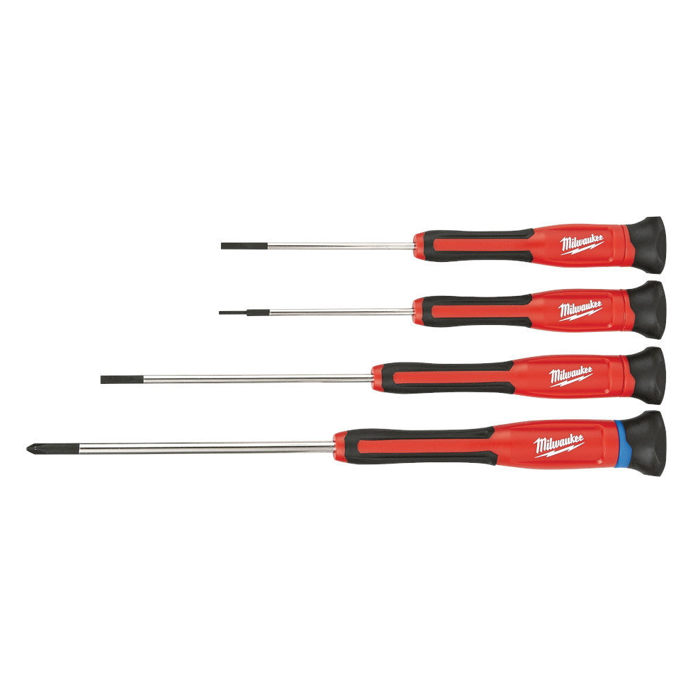 Four precision screwdrivers with red and black handles and metal shafts in varying tip sizes.