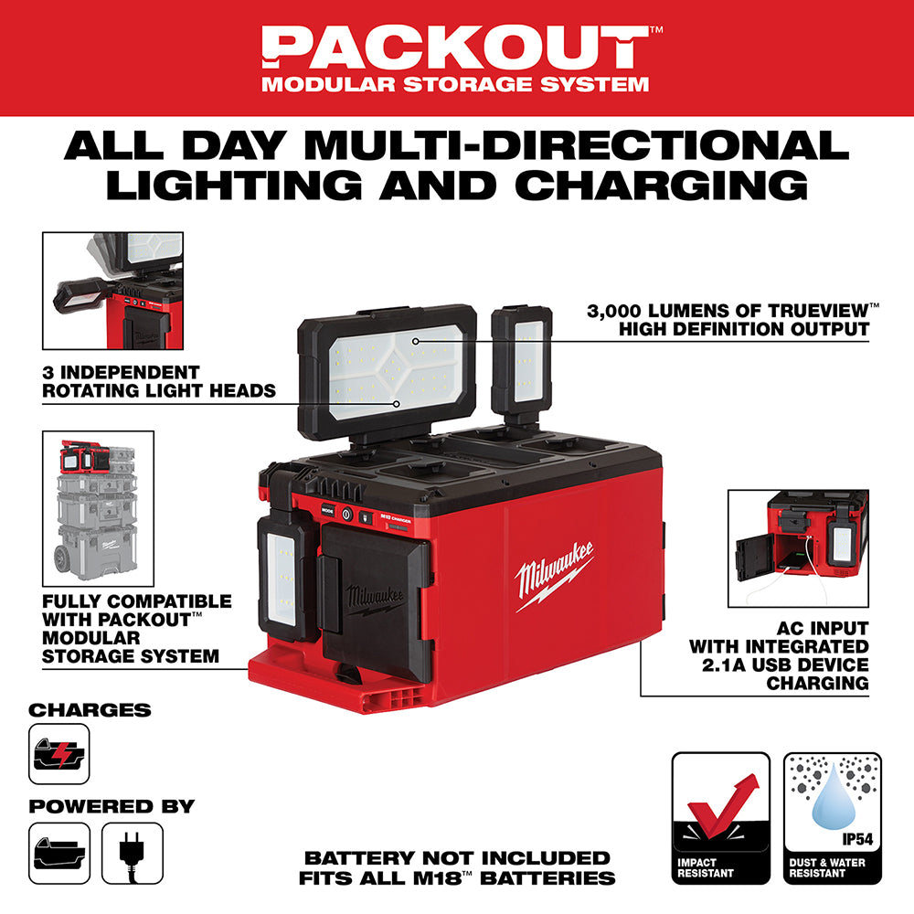 Red and black Milwaukee M18 PACKOUT light and charger with two rotating LED heads and AC input port on top.
