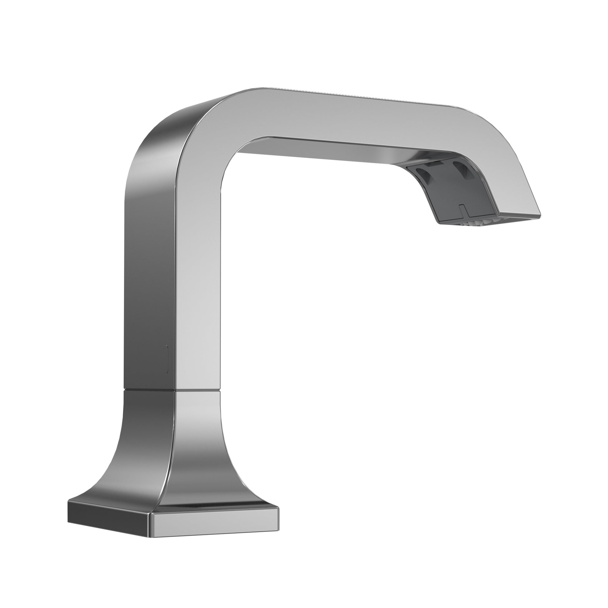 Polished chrome touchless bathroom faucet with curved spout and square base on white background.
