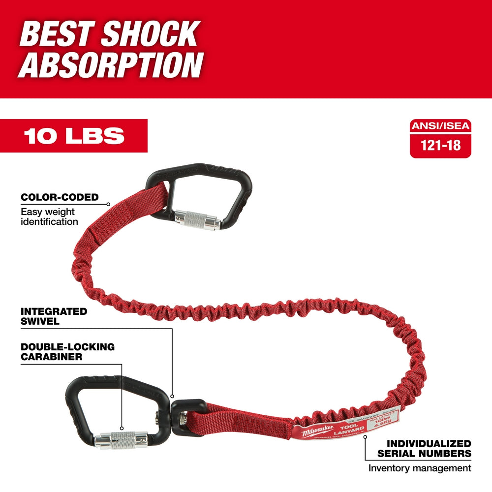 Red and black tool lanyard with integrated swivel, double-locking carabiners, and shock-absorbing bungee cord rated 10 lbs ca