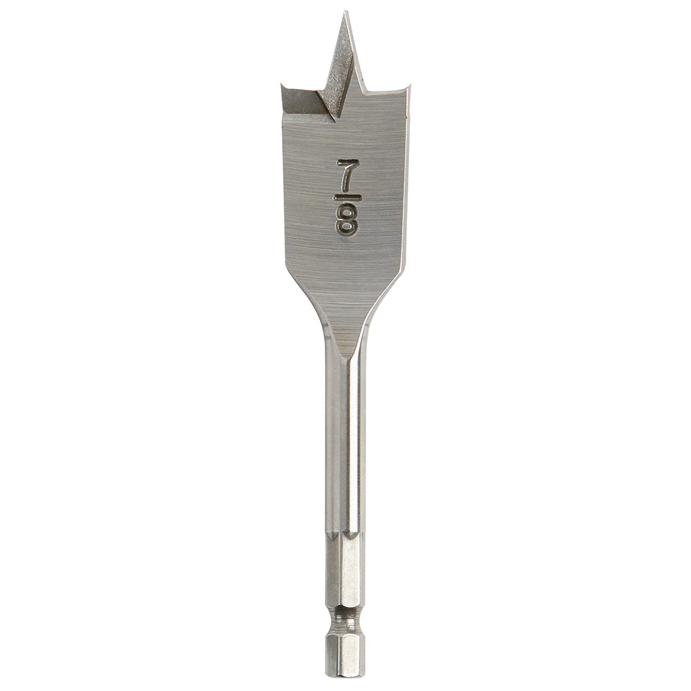Milwaukee 7/8 inch flat boring bit with pointed tip and hex shank, marked with size designation.