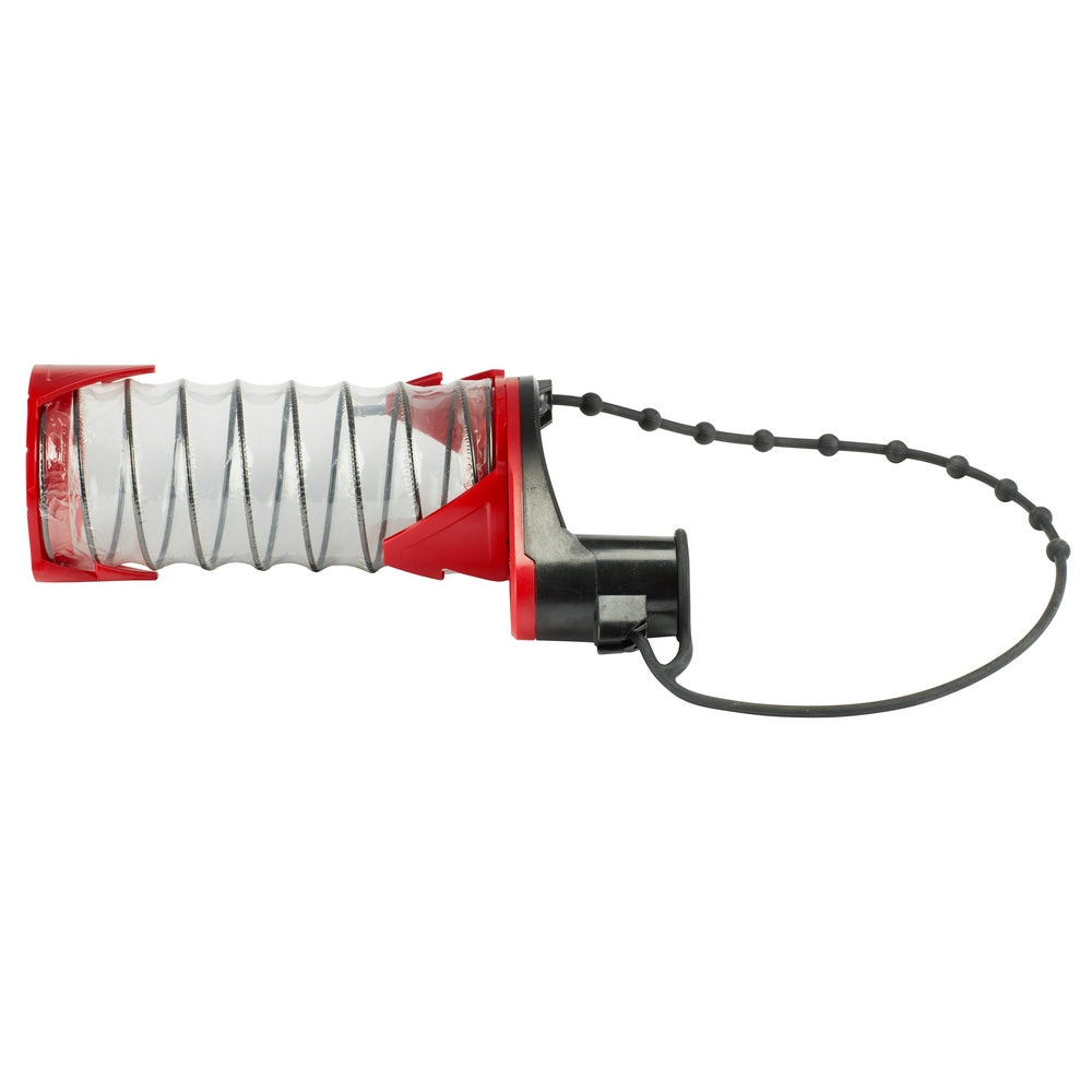 Red and black SDS-Plus dust trap shroud with pleated collection bag and flexible hose attachment.
