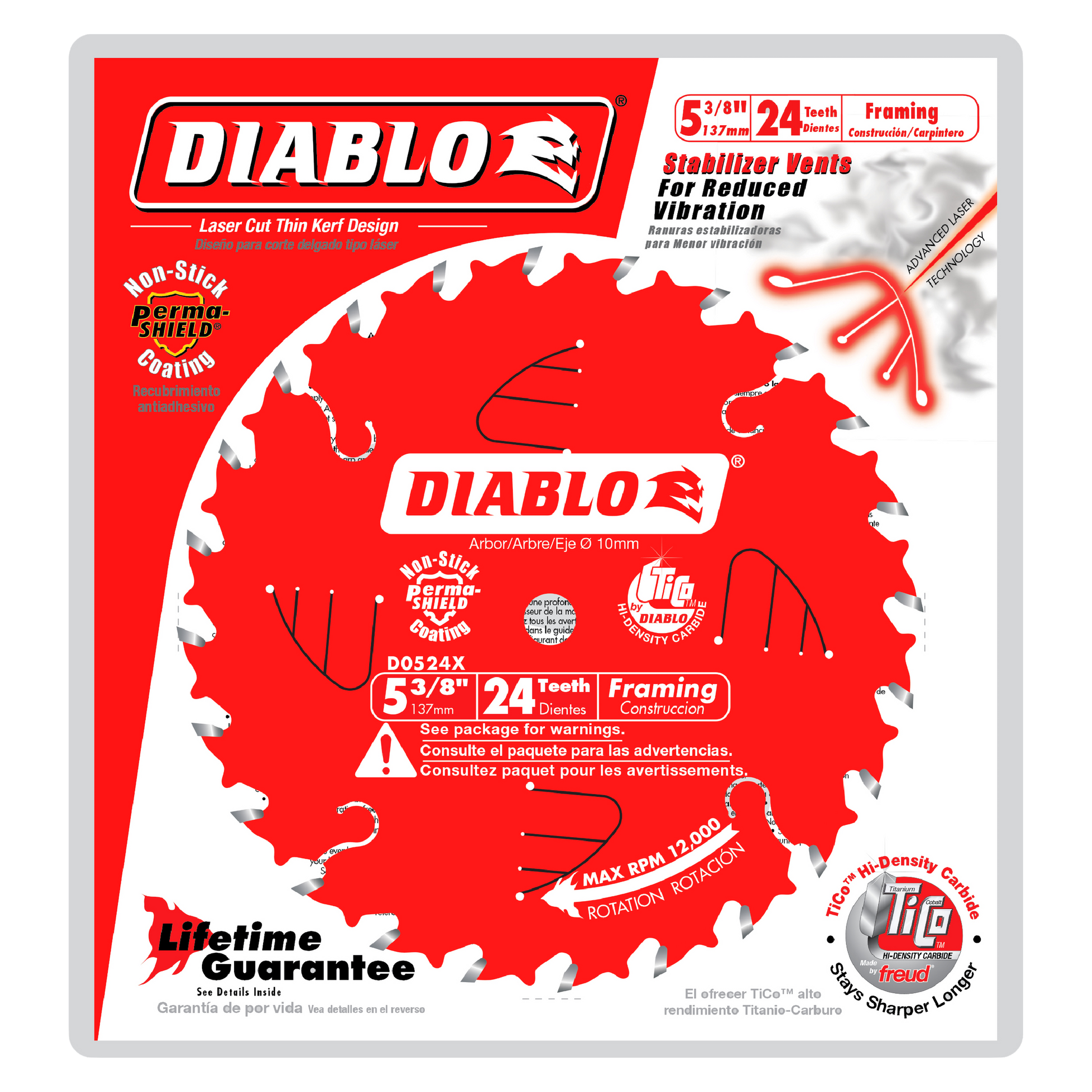 Diablo circular saw blade with 24 teeth on red packaging with white text and specifications.