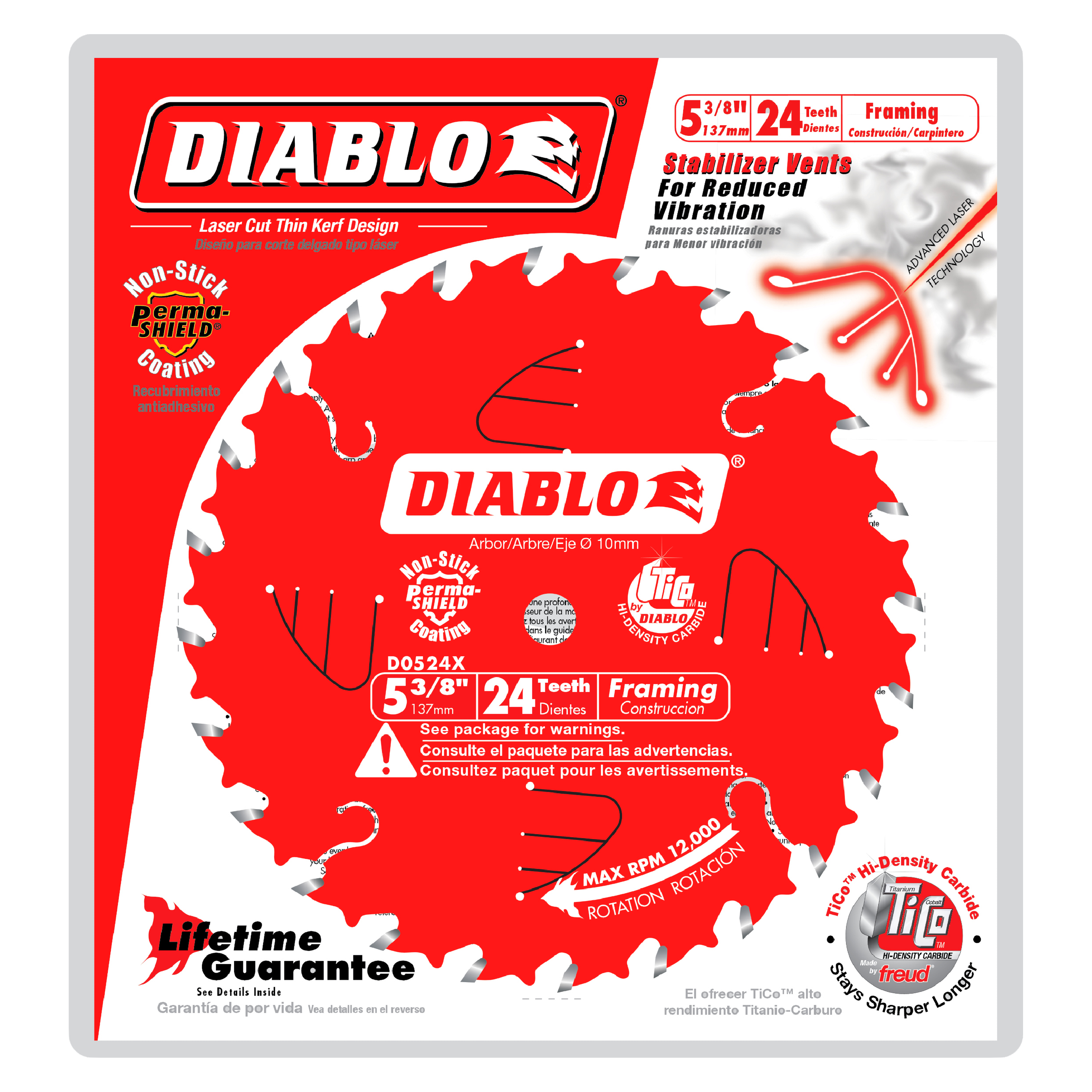 Diablo circular saw blade with 24 teeth on red packaging with white text and specifications.
