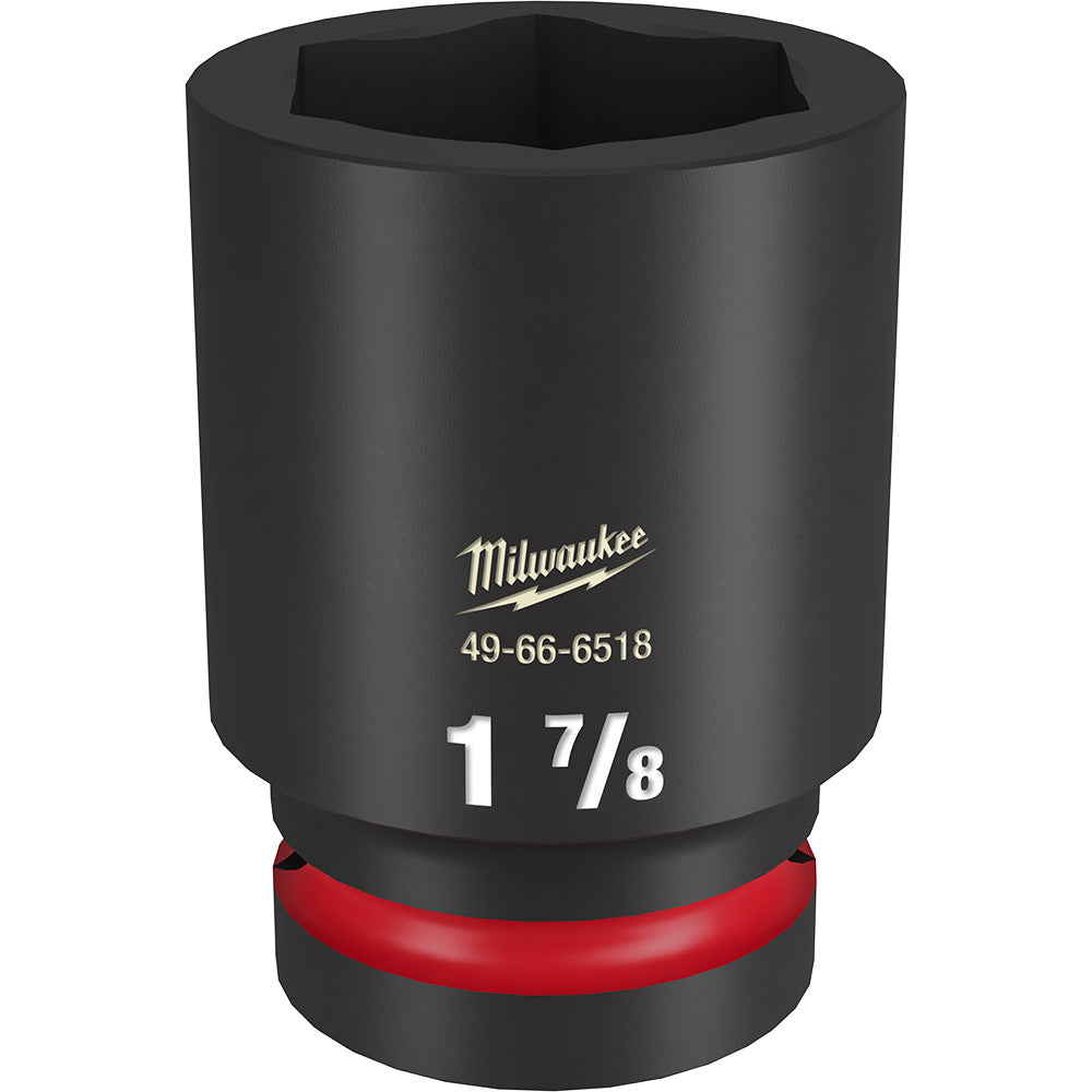 Black Milwaukee deep socket with 1 7/8" size marking, hexagonal opening, and red grip band at base.