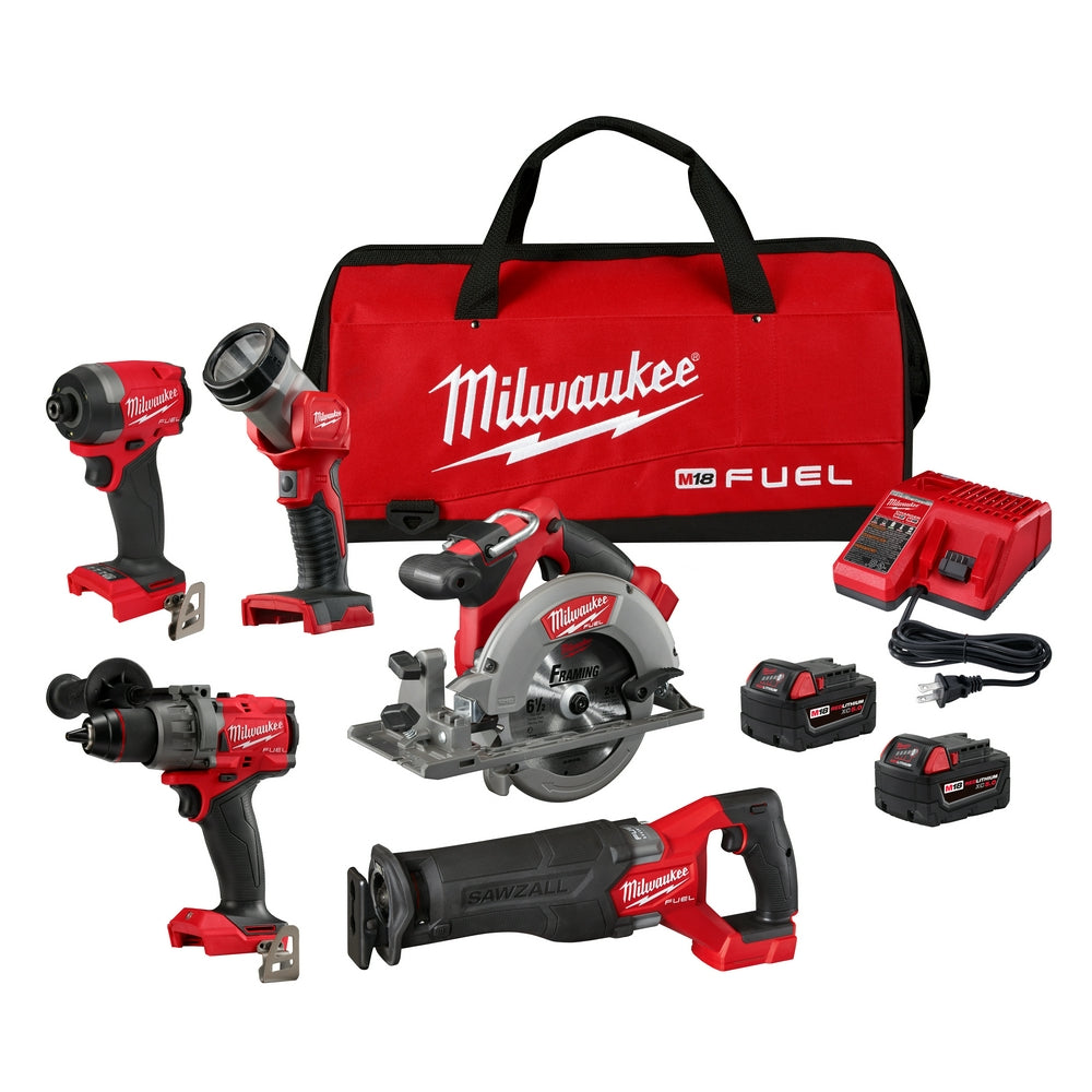 Milwaukee M18 FUEL 5-tool combo kit with red tools, batteries, charger, and carrying bag displayed.